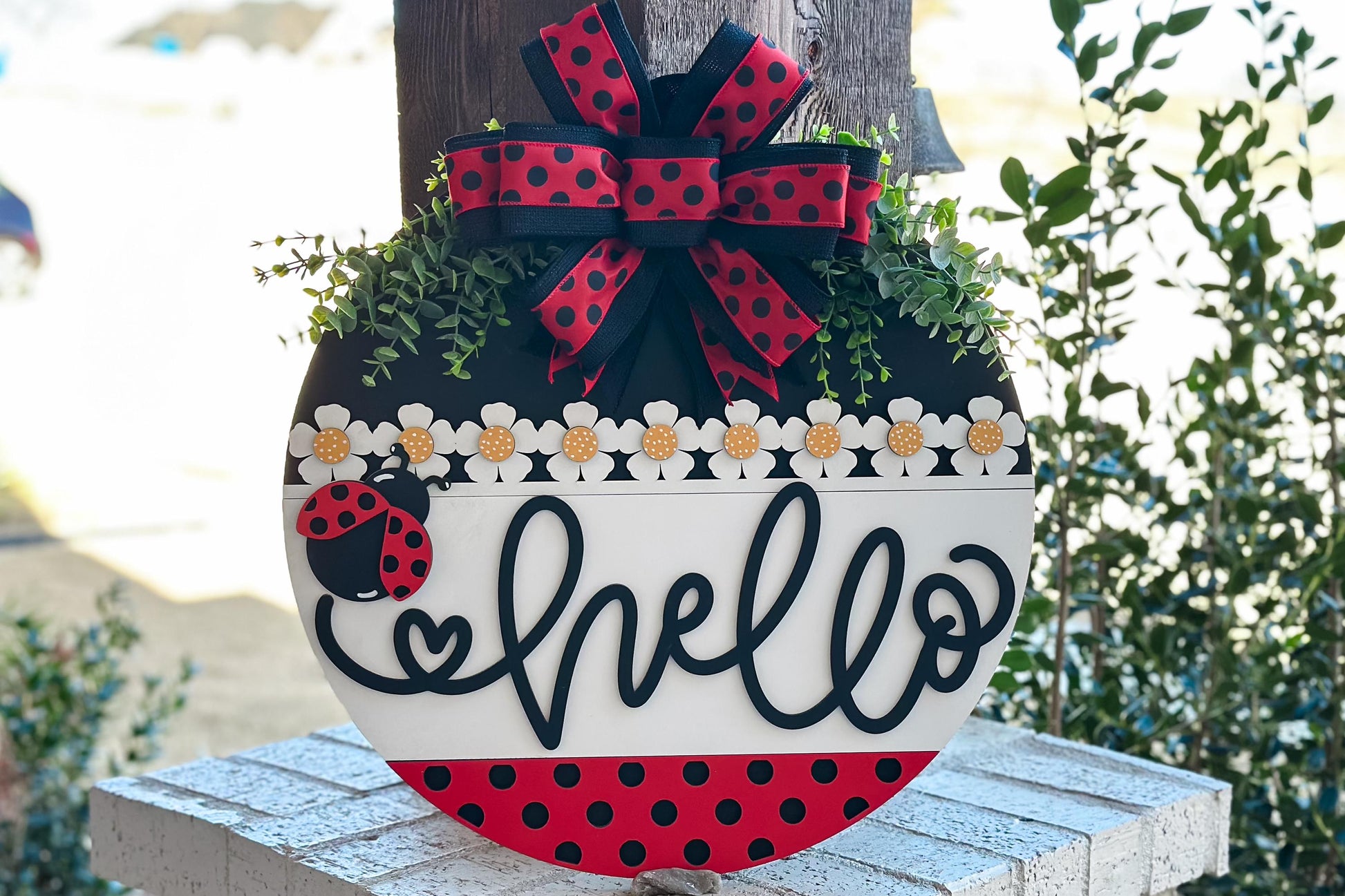Hello Ladybug Door Hanger SVG, Round Laser Cut File for Glowforge, Customizable Farmhouse Welcome Sign, Spring Front Door Decor