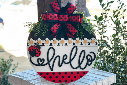 Hello Ladybug Door Hanger SVG, Round Laser Cut File for Glowforge, Customizable Farmhouse Welcome Sign, Spring Front Door Decor