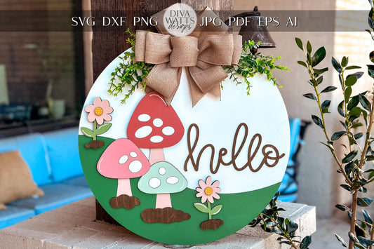 Hello Ladybug Door Hanger SVG, Round Laser Cut File for Glowforge, Customizable Farmhouse Welcome Sign, Spring Front Door Decor