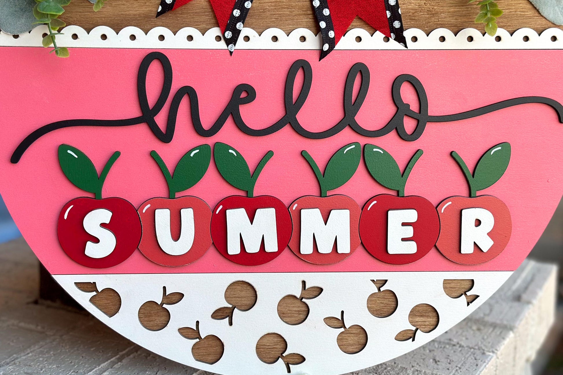 Hello Summer Cherry SVG, Laser Cut Door Hanger File, Farmhouse Summer Sign, Cherry Porch Decor, Glowforge Xtool File, DIY Wood Sign