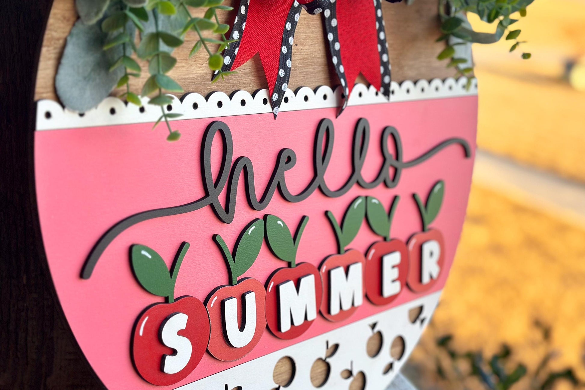 Hello Summer Cherry SVG, Laser Cut Door Hanger File, Farmhouse Summer Sign, Cherry Porch Decor, Glowforge Xtool File, DIY Wood Sign