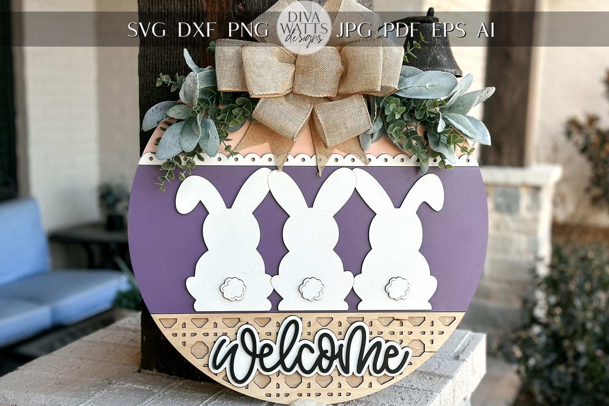 Easter Bunny Welcome Sign SVG, Laser Cut Round Door Hanger, Spring Porch Decor, Bunny Backside Sign, Glowforge Xtool File, DIY Easter Decor