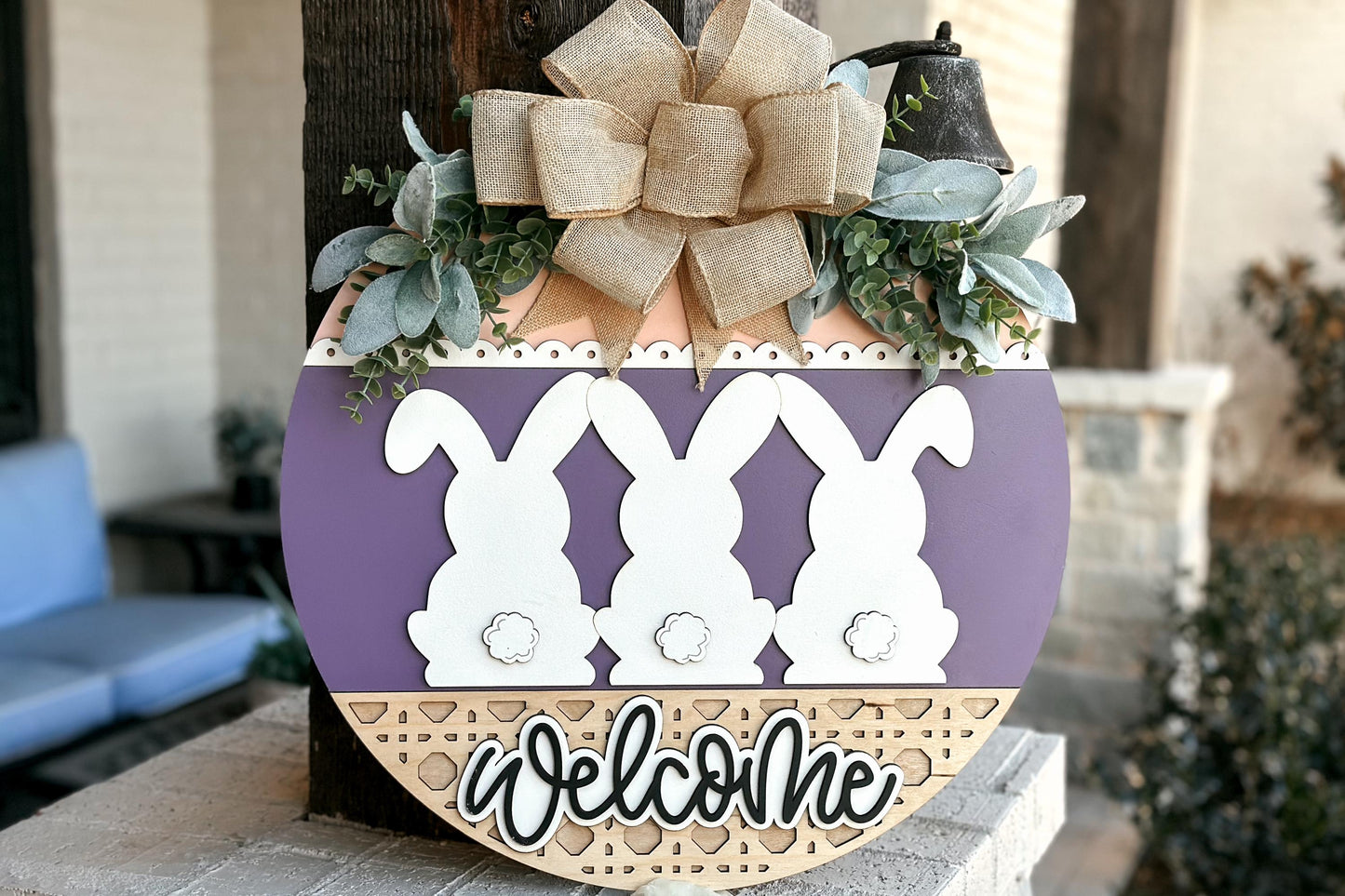 Easter Bunny Welcome Sign SVG, Laser Cut Round Door Hanger, Spring Porch Decor, Bunny Backside Sign, Glowforge Xtool File, DIY Easter Decor