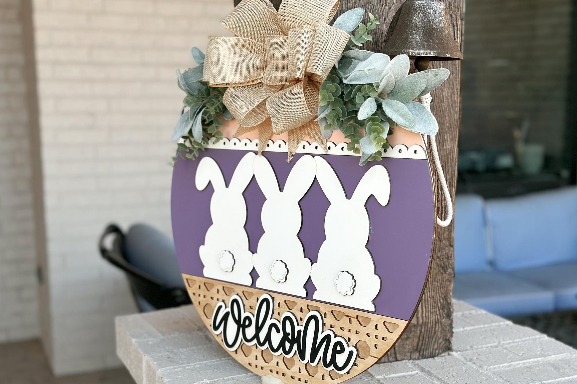 Easter Bunny Welcome Sign SVG, Laser Cut Round Door Hanger, Spring Porch Decor, Bunny Backside Sign, Glowforge Xtool File, DIY Easter Decor
