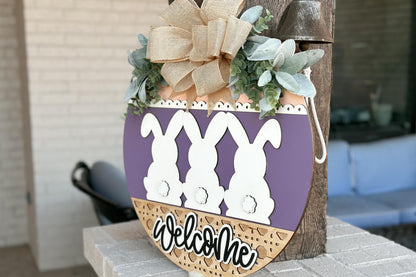 Easter Bunny Welcome Sign SVG, Laser Cut Round Door Hanger, Spring Porch Decor, Bunny Backside Sign, Glowforge Xtool File, DIY Easter Decor