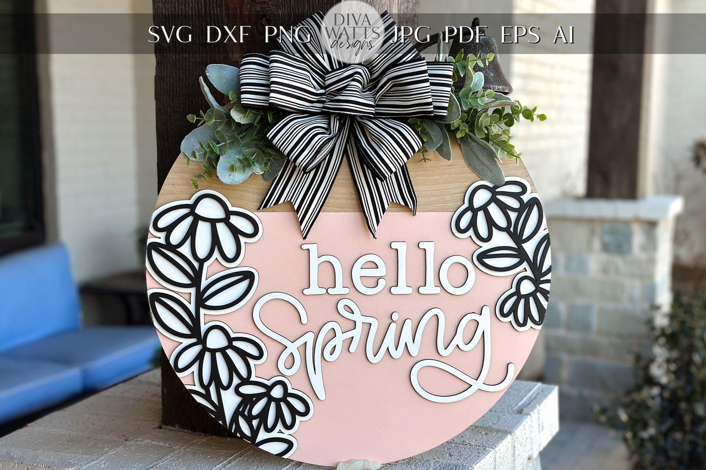 Hello Spring Door Hanger SVG, Layered Floral Sign Laser Cut File, Round Wooden Sign SVG, Spring Porch Decor, Glowforge Xtool File