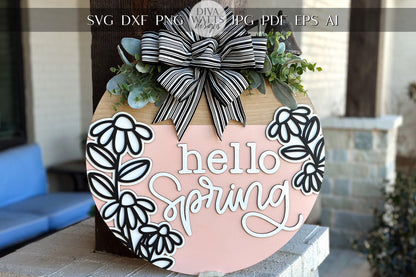 Hello Spring Door Hanger SVG, Layered Floral Sign Laser Cut File, Round Wooden Sign SVG, Spring Porch Decor, Glowforge Xtool File