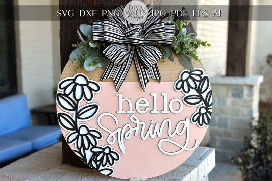 Hello Spring Door Hanger SVG, Layered Floral Sign Laser Cut File, Round Wooden Sign SVG, Spring Porch Decor, Glowforge Xtool File