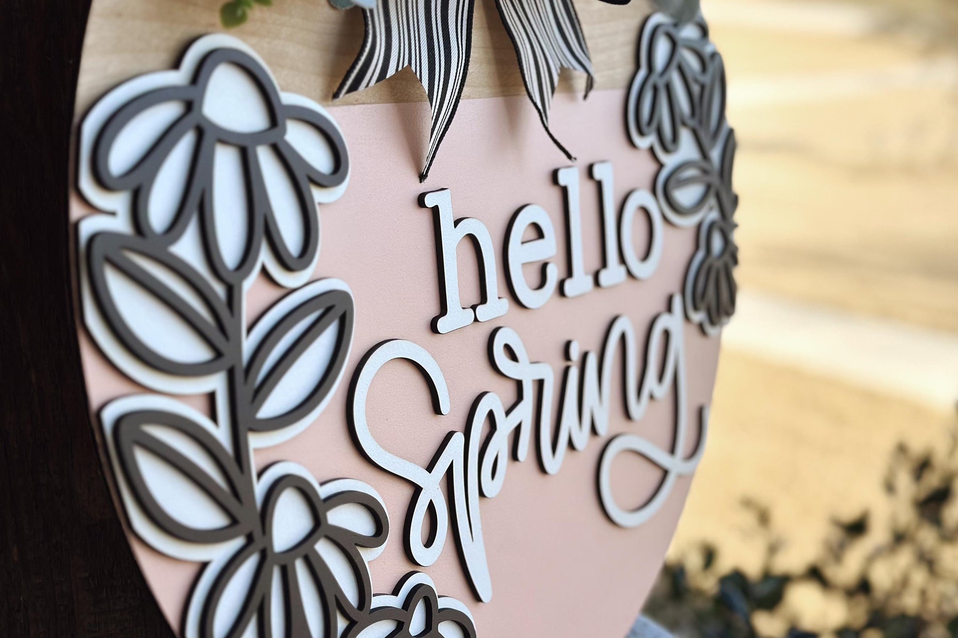 Hello Spring Door Hanger SVG, Layered Floral Sign Laser Cut File, Round Wooden Sign SVG, Spring Porch Decor, Glowforge Xtool File