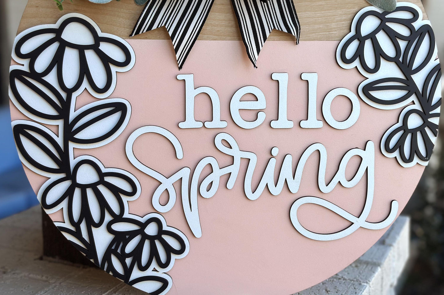 Hello Spring Door Hanger SVG, Layered Floral Sign Laser Cut File, Round Wooden Sign SVG, Spring Porch Decor, Glowforge Xtool File
