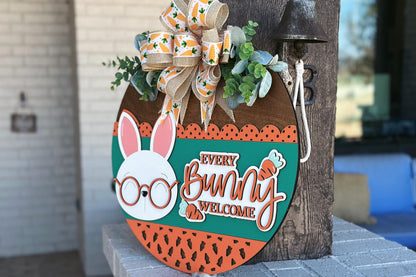 Every Bunny Welcome Door Hanger SVG, Easter Bunny Layered Laser Cut File, Spring Porch Sign SVG, Glowforge Xtool Cut File