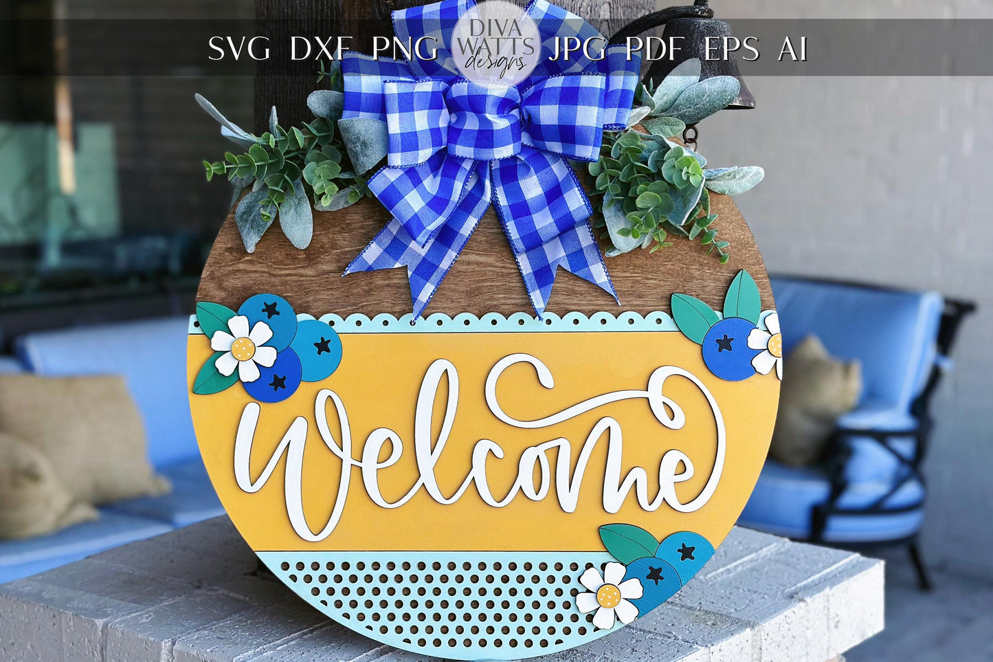 Welcome Sign SVG Laser Cut File, Blueberry and Daisy Door Hanger, Layered Porch Sign, 3D Farmhouse Decor, Glowforge File