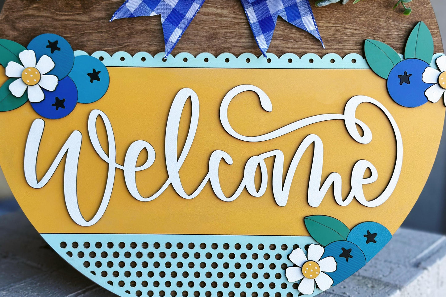 Welcome Sign SVG Laser Cut File, Blueberry and Daisy Door Hanger, Layered Porch Sign, 3D Farmhouse Decor, Glowforge File