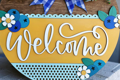 Welcome Sign SVG Laser Cut File, Blueberry and Daisy Door Hanger, Layered Porch Sign, 3D Farmhouse Decor, Glowforge File