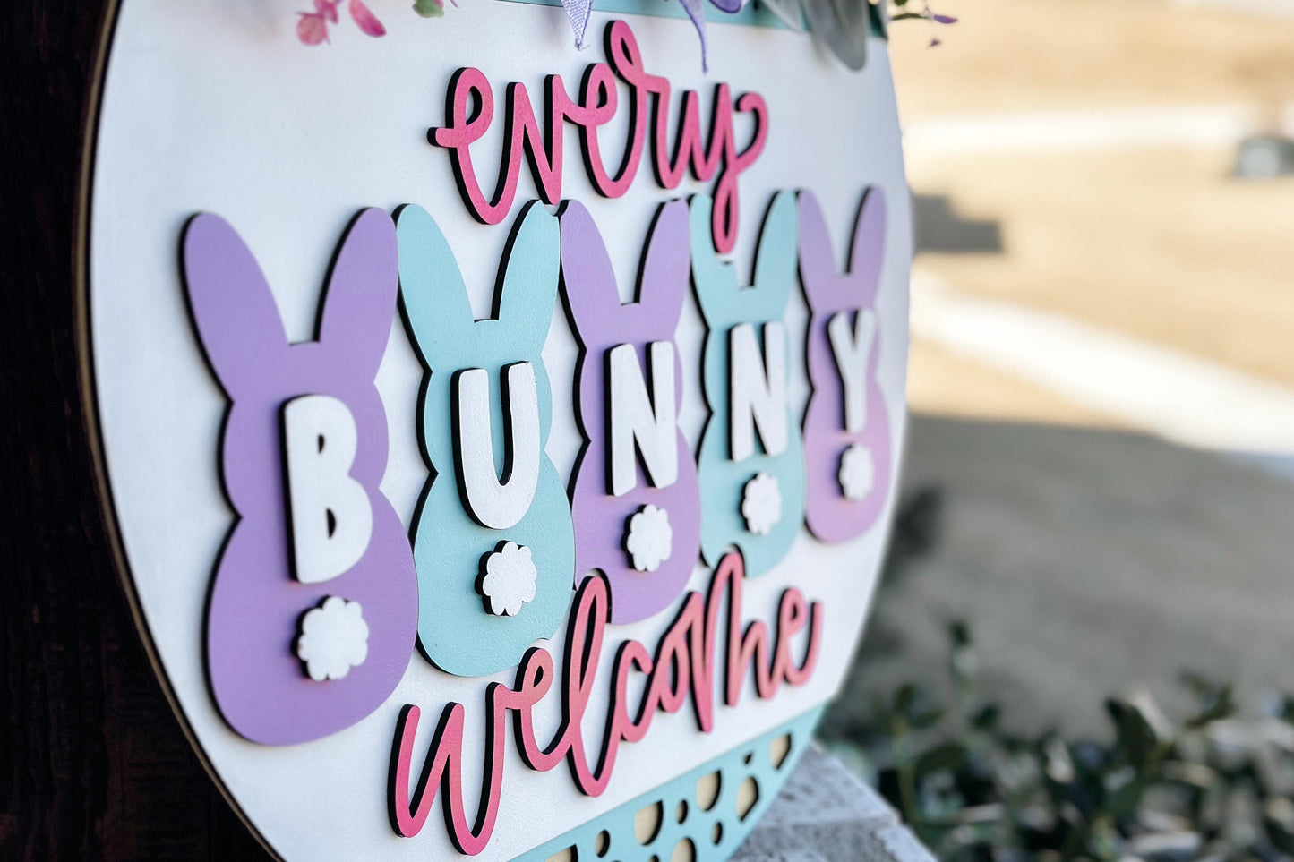 Every Bunny Welcome Door Hanger SVG, Easter Bunny Laser Cut File, Spring Layered Wood Sign Design, Glowforge SVG, Bunny Decor