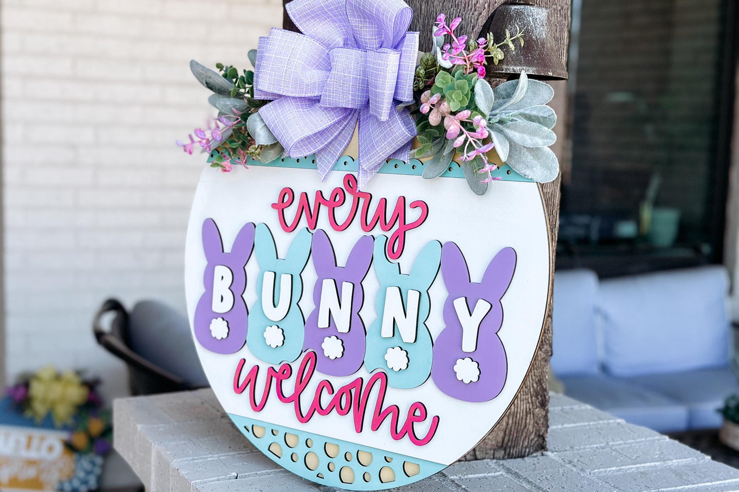 Every Bunny Welcome Door Hanger SVG, Easter Bunny Laser Cut File, Spring Layered Wood Sign Design, Glowforge SVG, Bunny Decor