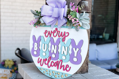 Every Bunny Welcome Door Hanger SVG, Easter Bunny Laser Cut File, Spring Layered Wood Sign Design, Glowforge SVG, Bunny Decor
