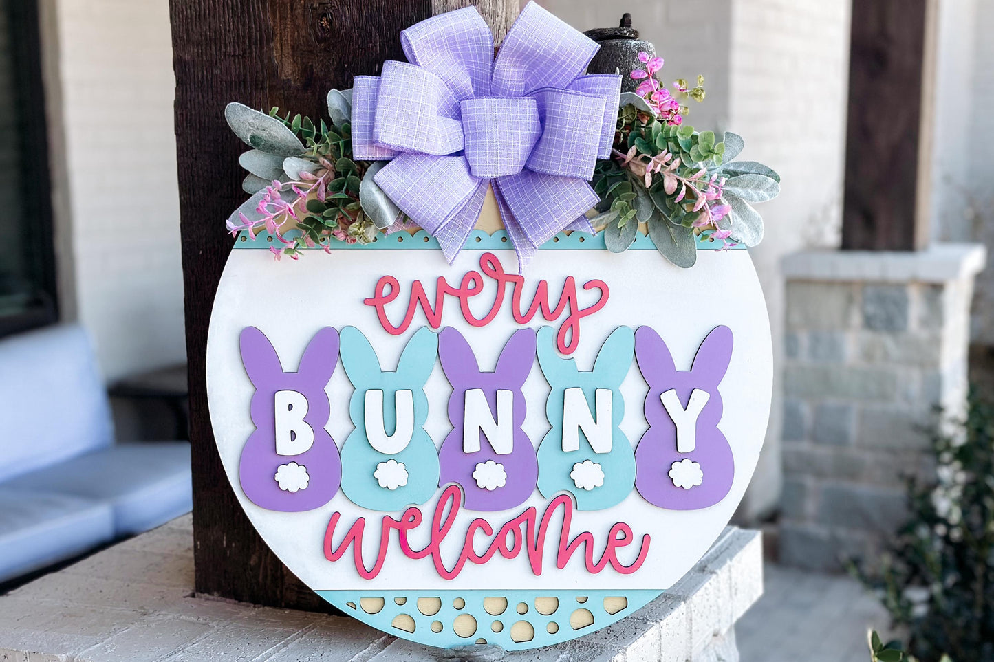 Every Bunny Welcome Door Hanger SVG, Easter Bunny Laser Cut File, Spring Layered Wood Sign Design, Glowforge SVG, Bunny Decor