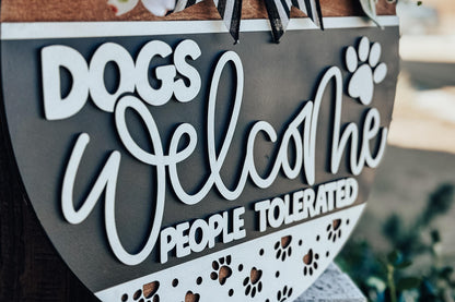 Dogs Welcome People Tolerated SVG, Funny Dog Door Hanger Laser Cut File, Paw Print Sign Design, Glowforge SVG, Pet Lover Decor