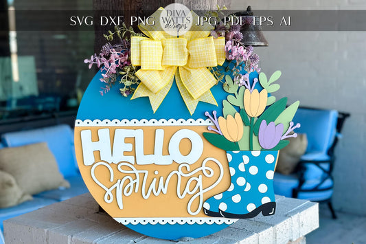 Hello Spring Door Hanger SVG, Tulip Boot Laser Cut File, Layered Spring Sign Design, Glowforge SVG, Floral Welcome Decor