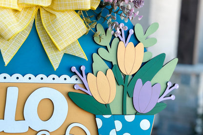 Hello Spring Door Hanger SVG, Tulip Boot Laser Cut File, Layered Spring Sign Design, Glowforge SVG, Floral Welcome Decor