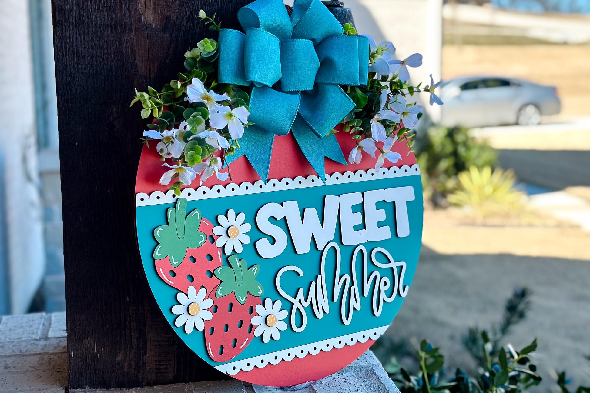 Sweet Summer Strawberry Door Hanger SVG Laser Cut File, Layered Round Sign SVG, Summer Glowforge Laser File, Door Hanger SVG, Strawberry svg