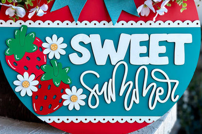 Sweet Summer Strawberry Door Hanger SVG Laser Cut File, Layered Round Sign SVG, Summer Glowforge Laser File, Door Hanger SVG, Strawberry svg