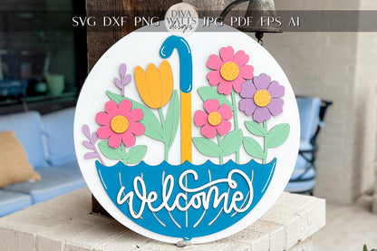 Welcome Spring Umbrella Door Hanger Laser Cut File SVG | Layered Floral Design | Glowforge Xtool File | Spring Decor SVG
