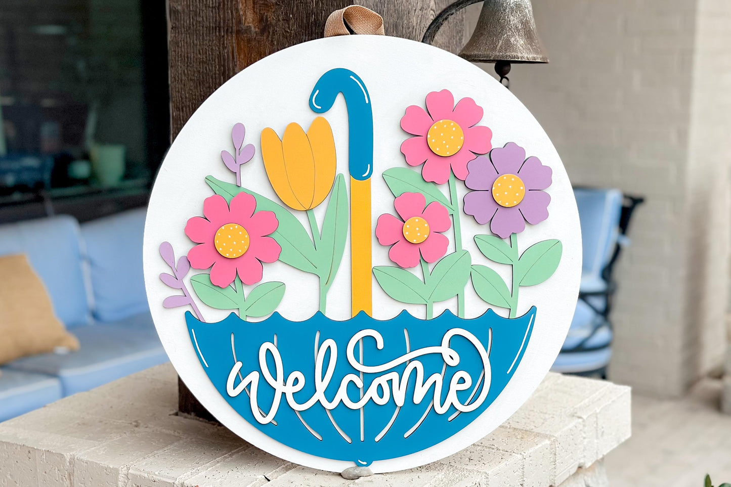 Welcome Spring Umbrella Door Hanger Laser Cut File SVG | Layered Floral Design | Glowforge Xtool File | Spring Decor SVG