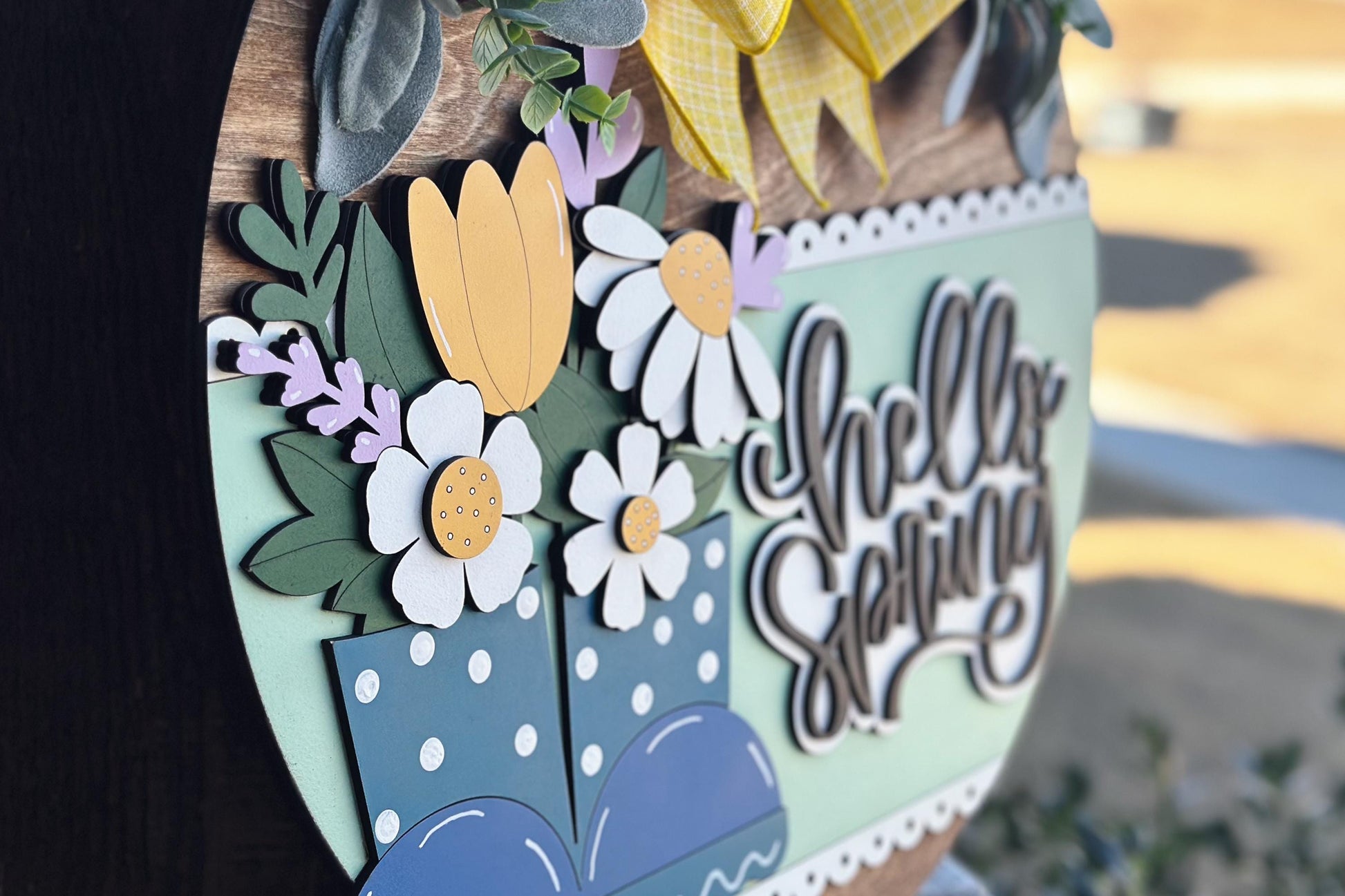 Hello Spring Door Hanger SVG | 3D Rain Boots Sign | Layered Laser Cut File for Glowforge & Xtool | Farmhouse Spring Decor