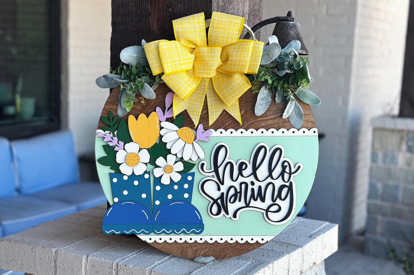 Hello Spring Door Hanger SVG | 3D Rain Boots Sign | Layered Laser Cut File for Glowforge & Xtool | Farmhouse Spring Decor