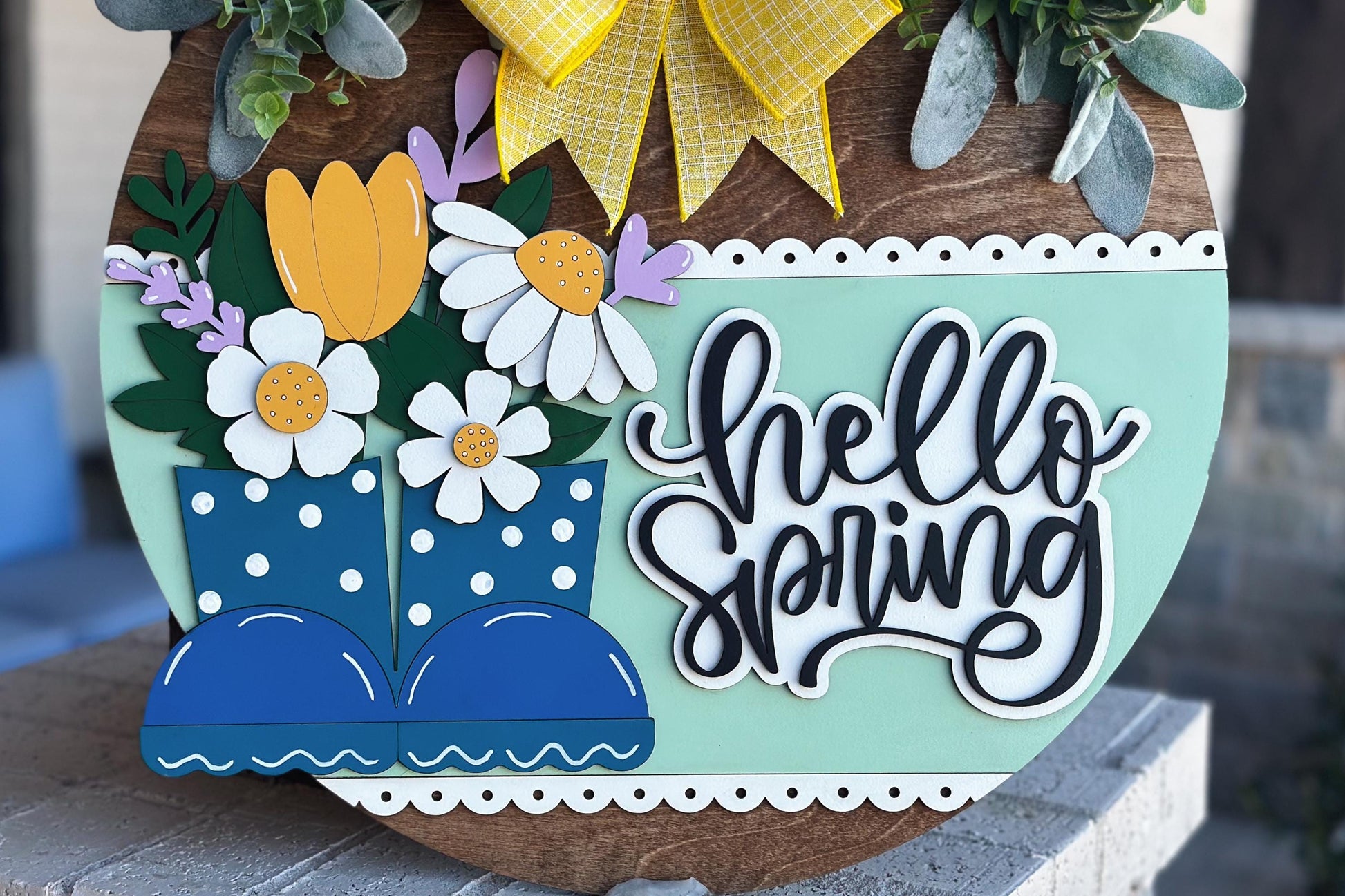 Hello Spring Door Hanger SVG | 3D Rain Boots Sign | Layered Laser Cut File for Glowforge & Xtool | Farmhouse Spring Decor