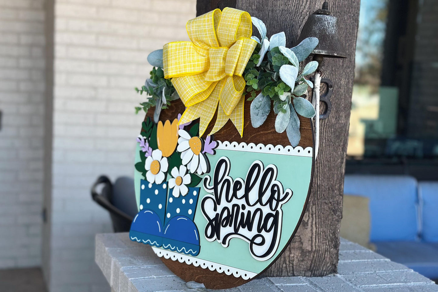 Hello Spring Door Hanger SVG | 3D Rain Boots Sign | Layered Laser Cut File for Glowforge & Xtool | Farmhouse Spring Decor