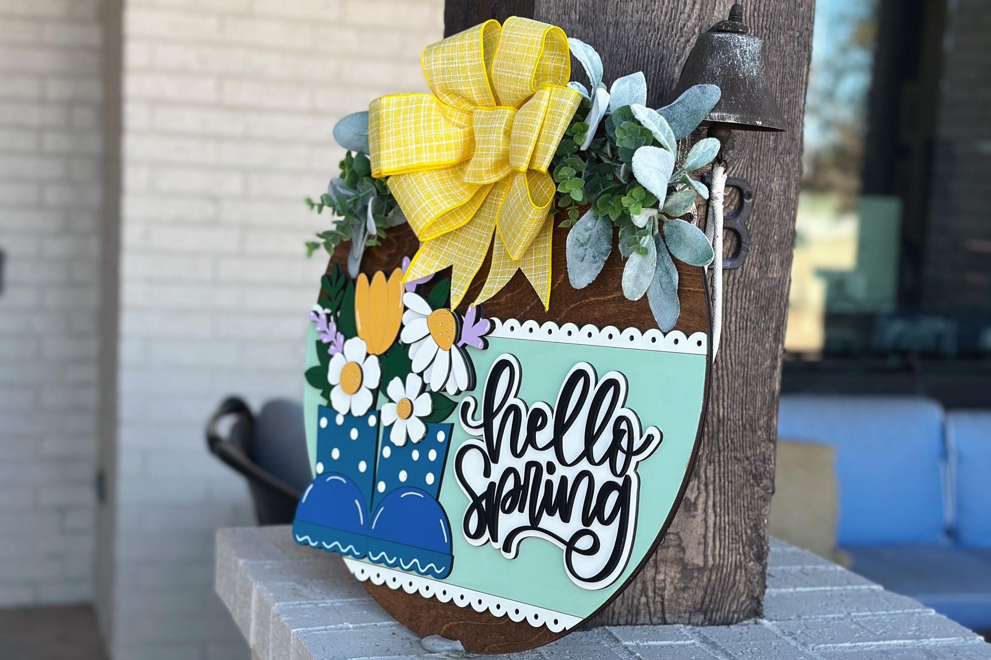 Hello Spring Door Hanger SVG | 3D Rain Boots Sign | Layered Laser Cut File for Glowforge & Xtool | Farmhouse Spring Decor