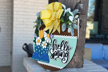 Hello Spring Door Hanger SVG | 3D Rain Boots Sign | Layered Laser Cut File for Glowforge & Xtool | Farmhouse Spring Decor