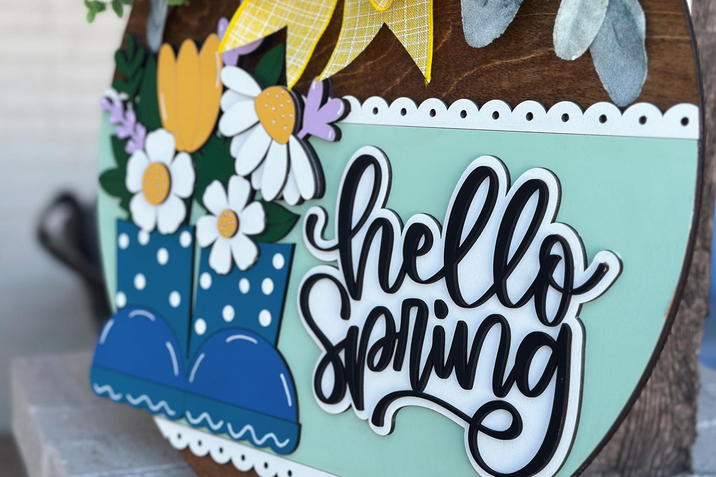 Hello Spring Door Hanger SVG | 3D Rain Boots Sign | Layered Laser Cut File for Glowforge & Xtool | Farmhouse Spring Decor