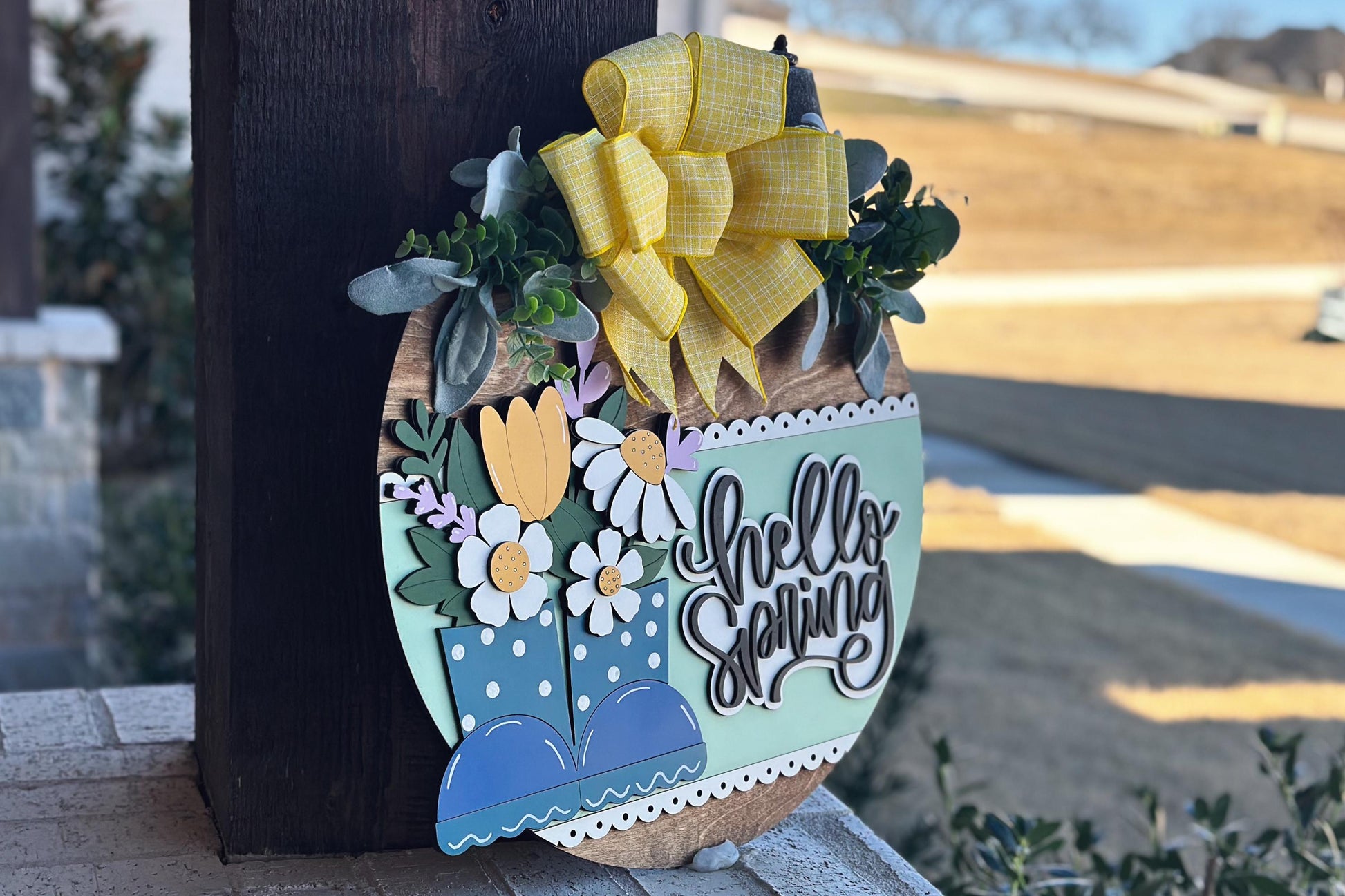 Hello Spring Door Hanger SVG | 3D Rain Boots Sign | Layered Laser Cut File for Glowforge & Xtool | Farmhouse Spring Decor