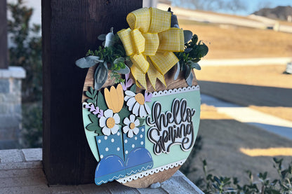 Hello Spring Door Hanger SVG | 3D Rain Boots Sign | Layered Laser Cut File for Glowforge & Xtool | Farmhouse Spring Decor