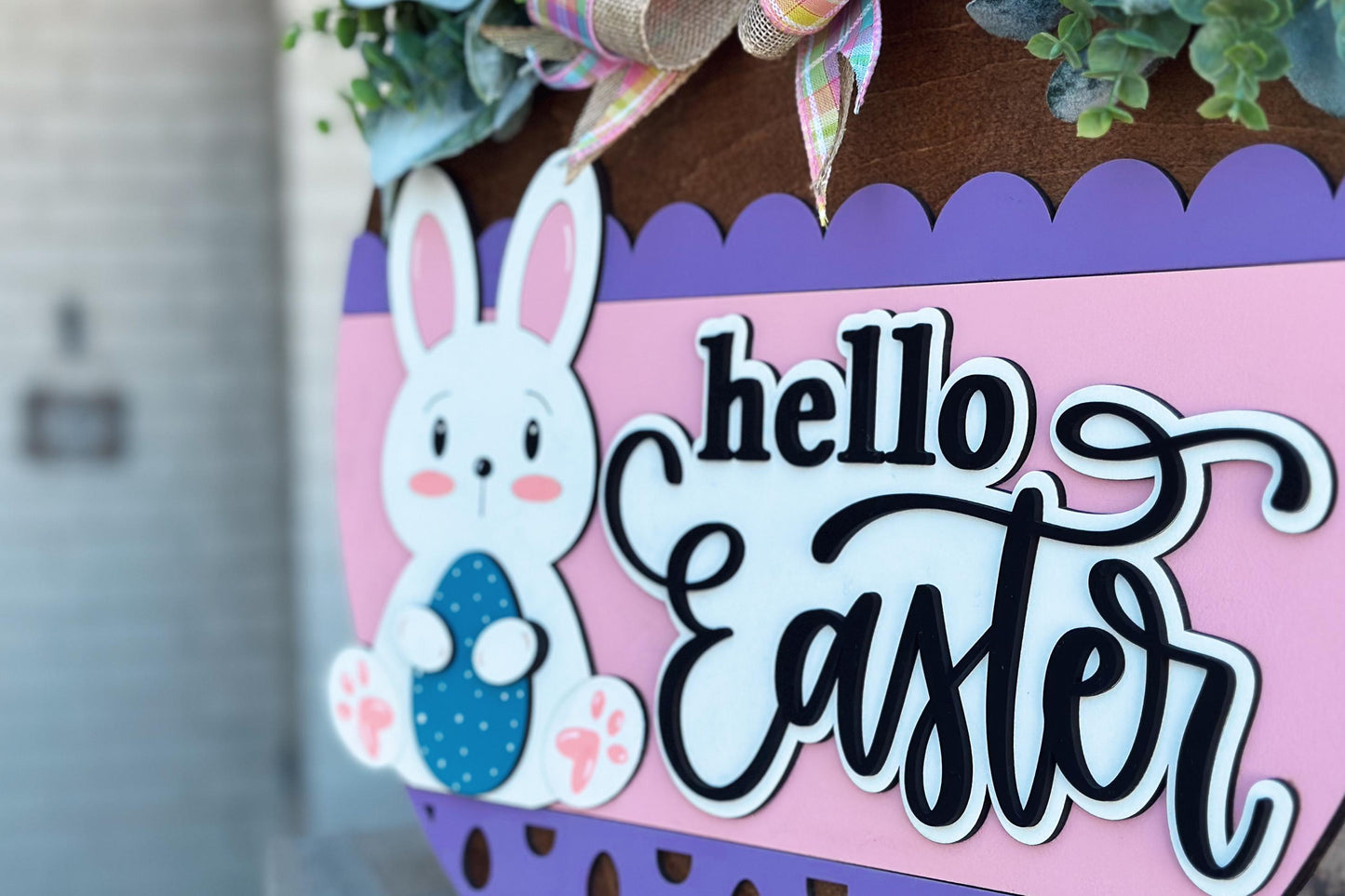 Hello Easter Door Hanger SVG | 3D Bunny Sign | Layered Laser Cut File for Glowforge & Xtool | Farmhouse Spring Decor | Spring Door Hanger
