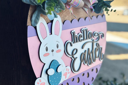 Hello Easter Door Hanger SVG | 3D Bunny Sign | Layered Laser Cut File for Glowforge & Xtool | Farmhouse Spring Decor | Spring Door Hanger