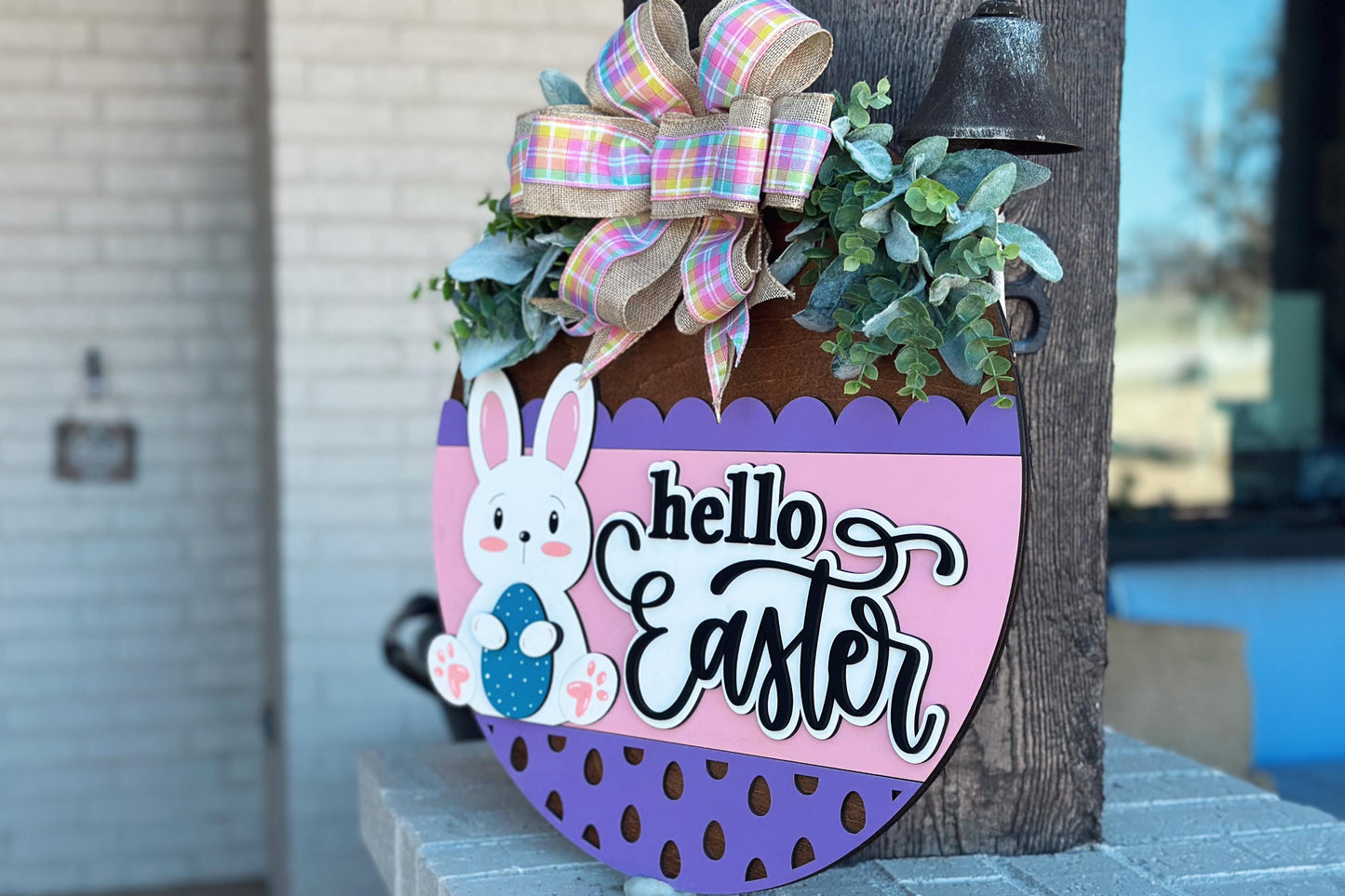 Hello Easter Door Hanger SVG | 3D Bunny Sign | Layered Laser Cut File for Glowforge & Xtool | Farmhouse Spring Decor | Spring Door Hanger