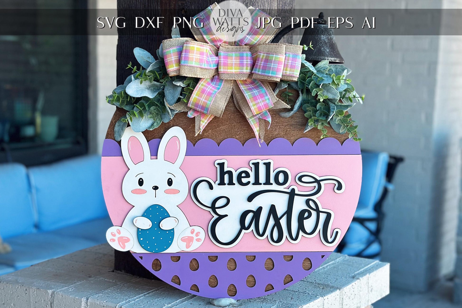 Hello Easter Door Hanger SVG | 3D Bunny Sign | Layered Laser Cut File for Glowforge & Xtool | Farmhouse Spring Decor | Spring Door Hanger