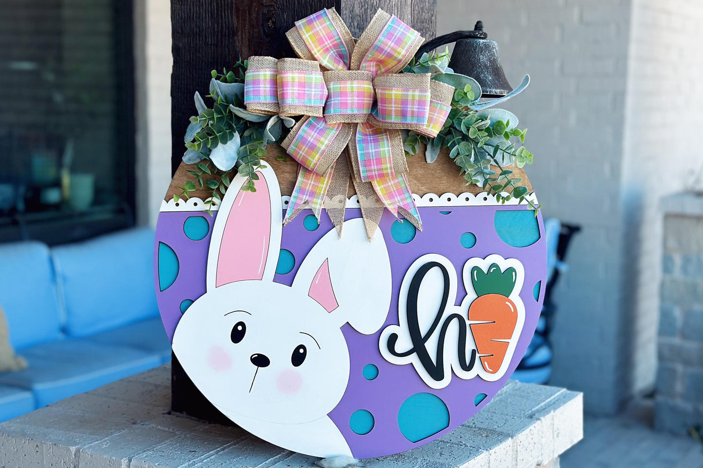 Hi Bunny Easter Door Hanger SVG | 3D Layered Laser Cut File | Cute Spring Bunny Sign for Glowforge & Xtool | Farmhouse Easter Decor