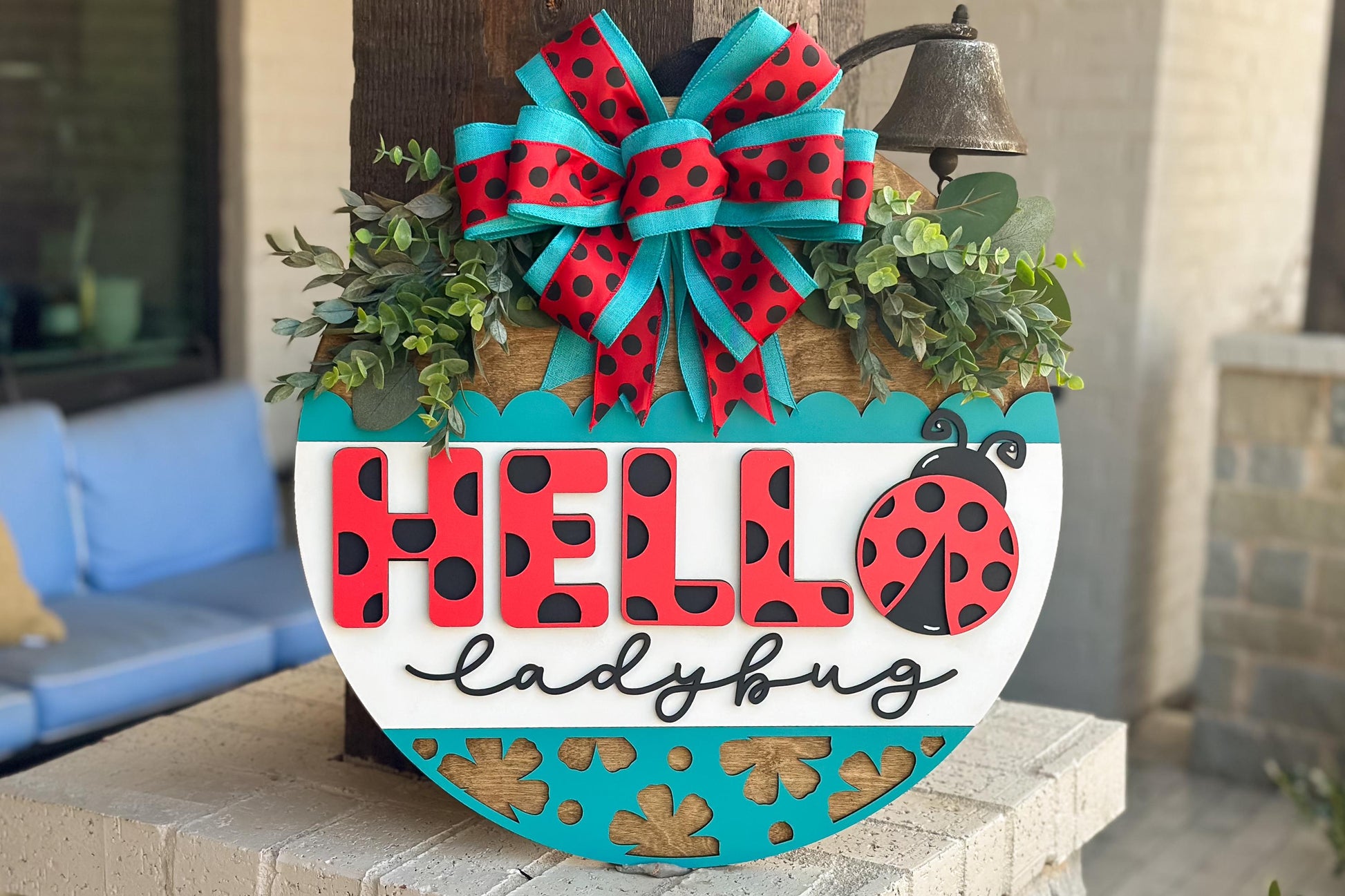 Hello Ladybug Door Hanger SVG File, Summer Laser Cut Design, Ladybug Layered Sign SVG, Glowforge Ready, Laser Cut Template