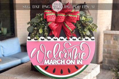 Welcome Watermelon Door Hanger SVG File, March On In Laser Cut Design, Summer Door Sign Template, Glowforge Ready | Summer Door Hanger