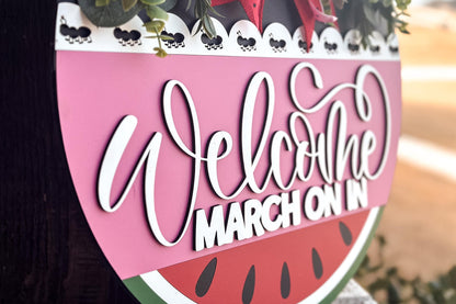 Welcome Watermelon Door Hanger SVG File, March On In Laser Cut Design, Summer Door Sign Template, Glowforge Ready | Summer Door Hanger