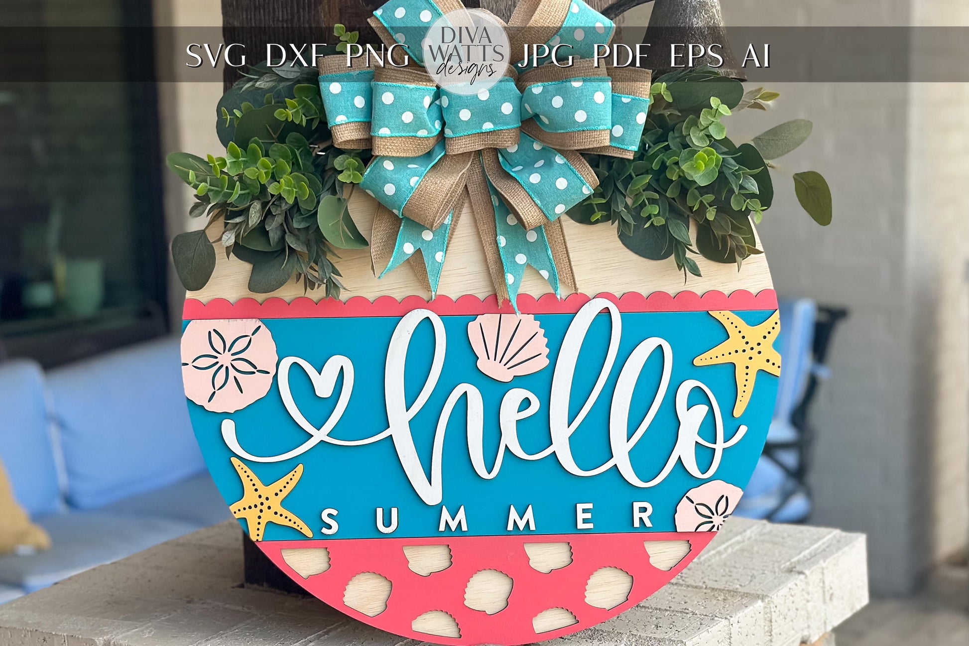 Hello Summer Door Hanger SVG File, Beach Theme Laser Cut Design, Starfish and Shells Layered Sign, Glowforge Ready, Coastal Beach Decor