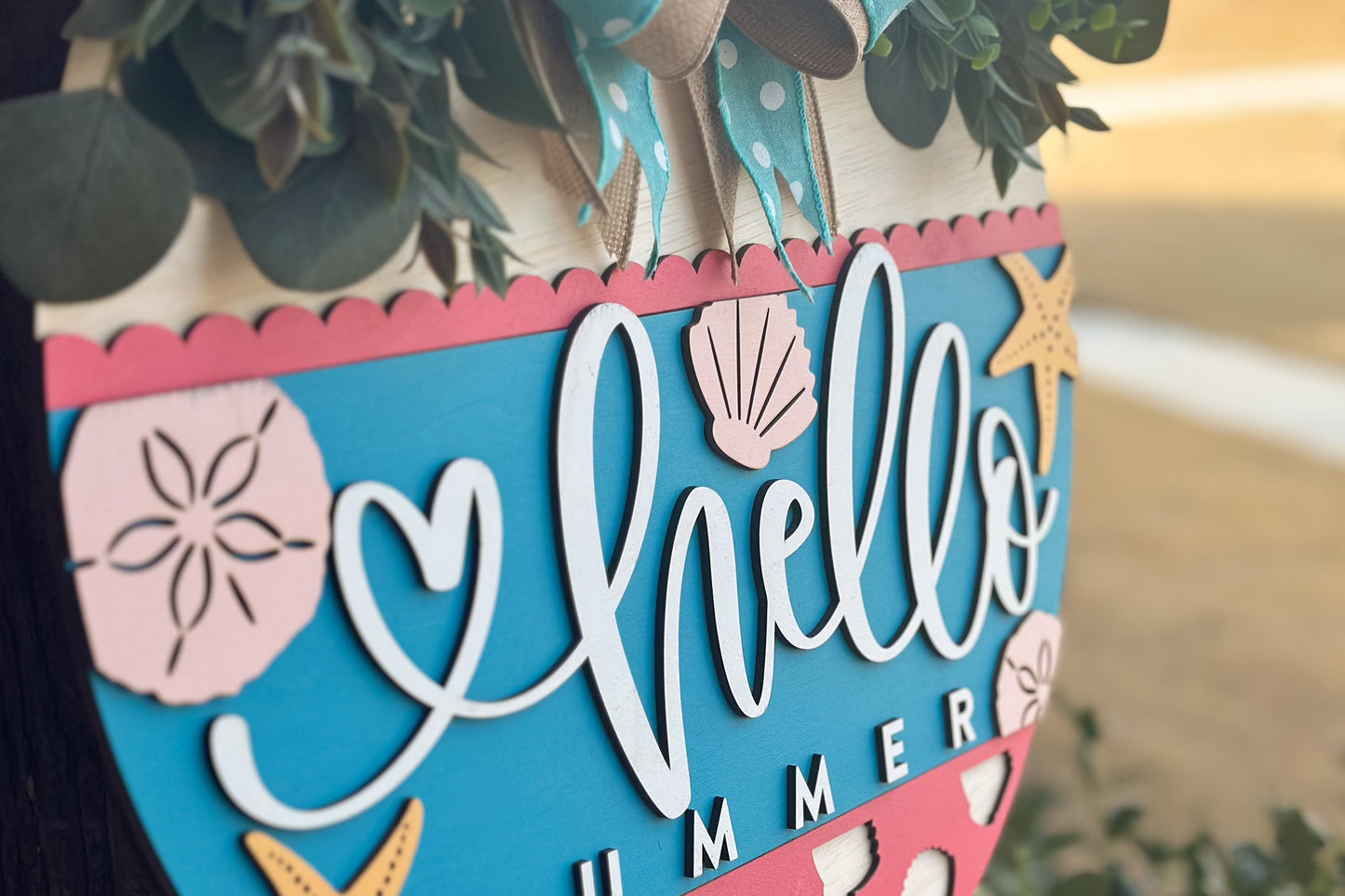 Hello Summer Door Hanger SVG File, Beach Theme Laser Cut Design, Starfish and Shells Layered Sign, Glowforge Ready, Coastal Beach Decor