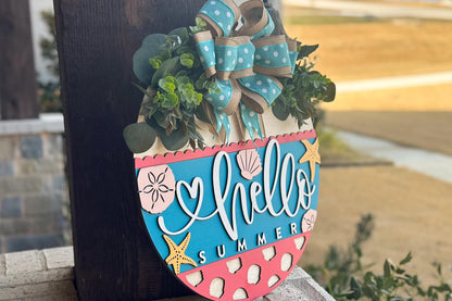 Hello Summer Door Hanger SVG File, Beach Theme Laser Cut Design, Starfish and Shells Layered Sign, Glowforge Ready, Coastal Beach Decor