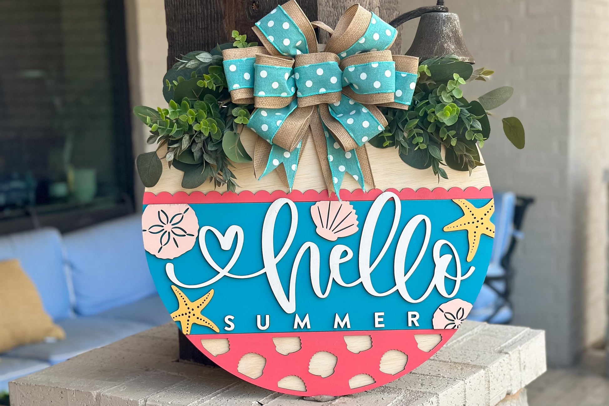 Hello Summer Door Hanger SVG File, Beach Theme Laser Cut Design, Starfish and Shells Layered Sign, Glowforge Ready, Coastal Beach Decor